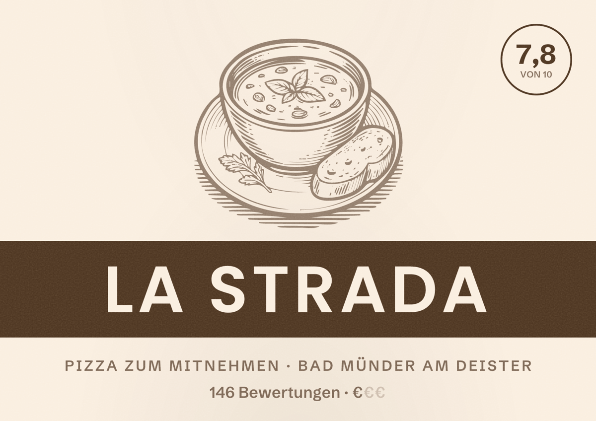 Illustriertes Poster von La Strada, Pizza zum Mitnehmen in Bad Münder am Deister: Bewertung 7,8 von 10 aus 146 Bewertungen, Preisniveau €
