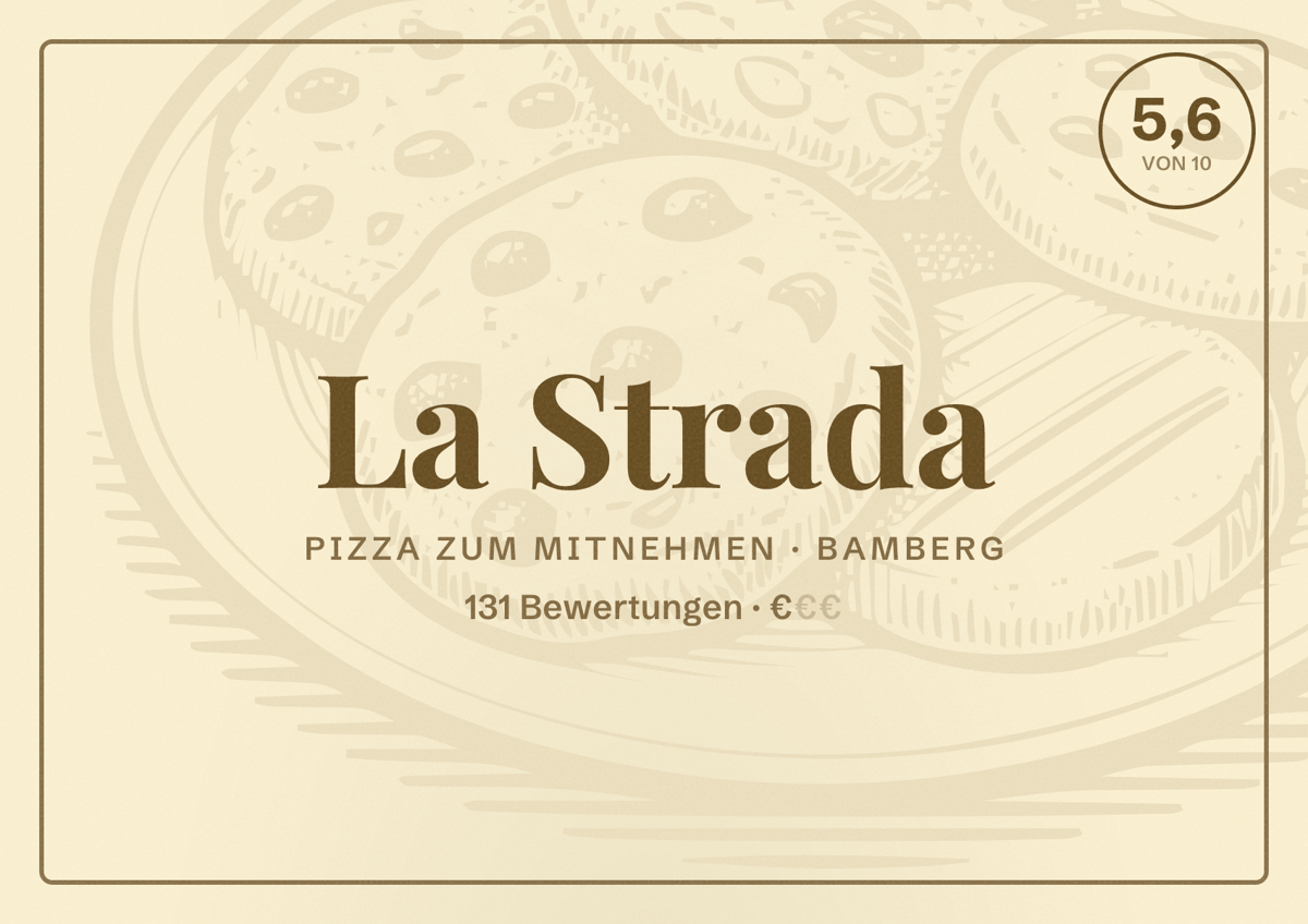 Illustriertes Poster von La Strada, Pizza zum Mitnehmen in Bamberg: Bewertung 5,6 von 10 aus 131 Bewertungen, Preisniveau €