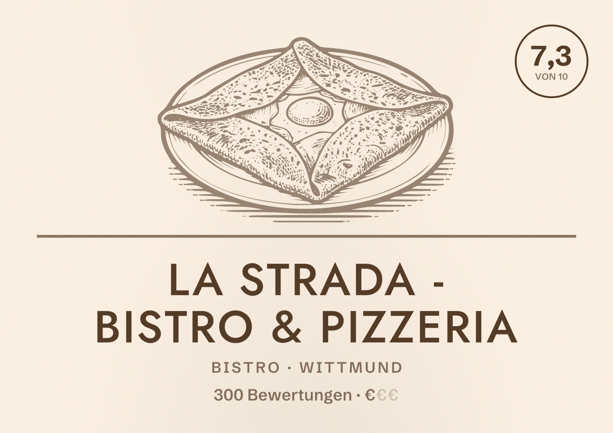 Illustriertes Poster von La Strada - Bistro & Pizzeria, Bistro in Wittmund: Bewertung 7,3 von 10 aus 300 Bewertungen, Preisniveau €