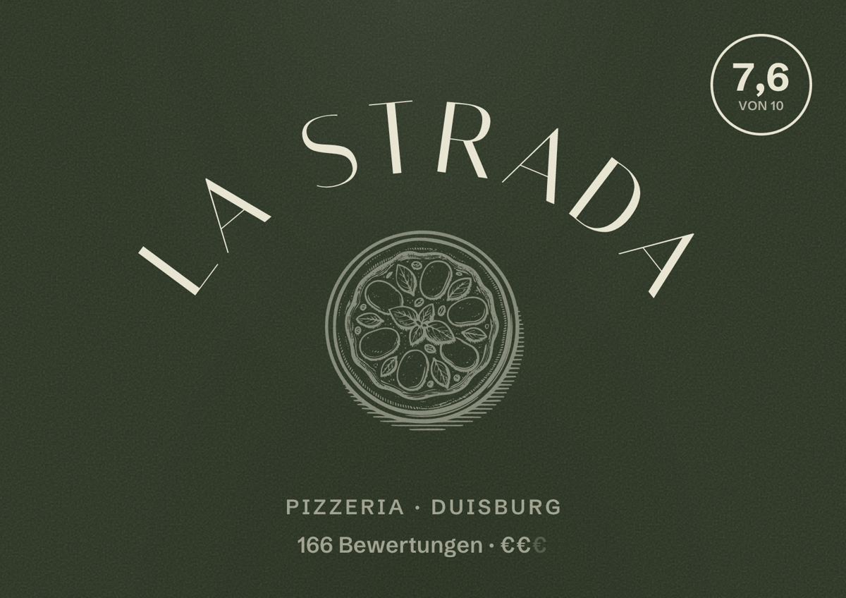 Illustriertes Poster von La Strada, Pizzeria in Duisburg: Bewertung 7,6 von 10 aus 166 Bewertungen, Preisniveau €€