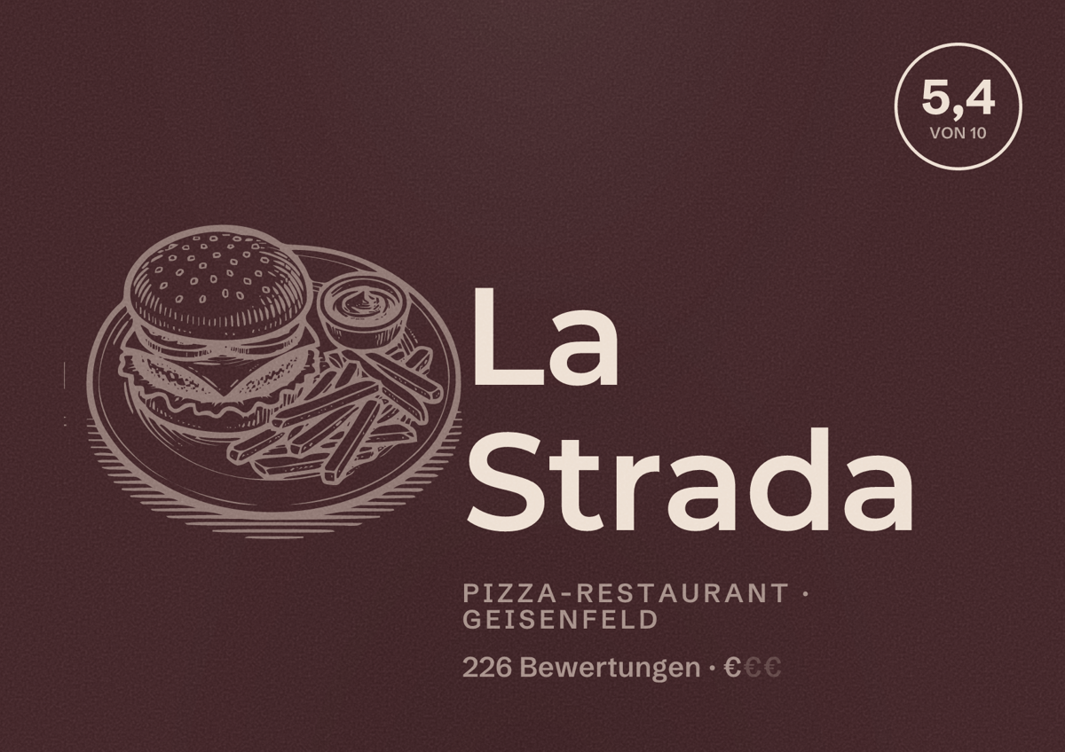 Illustriertes Poster von La Strada, Pizza-Restaurant in Geisenfeld: Bewertung 5,4 von 10 aus 226 Bewertungen, Preisniveau €