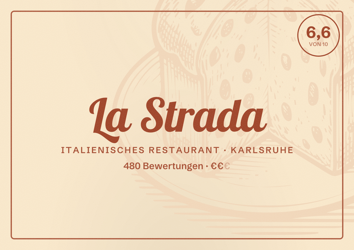 Illustriertes Poster von La Strada, Italienisches Restaurant in Karlsruhe: Bewertung 6,6 von 10 aus 480 Bewertungen, Preisniveau €€