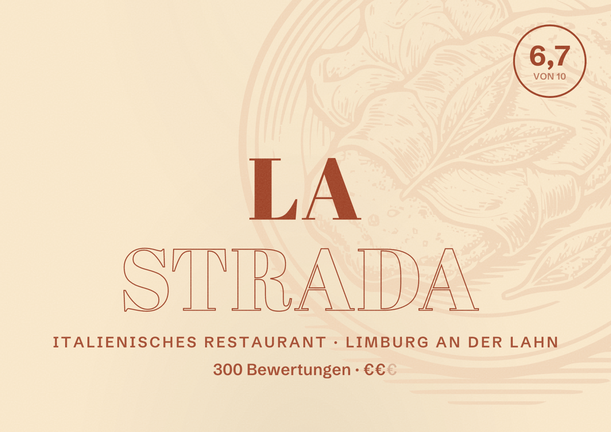 Illustriertes Poster von La Strada, Italienisches Restaurant in Limburg an der Lahn: Bewertung 6,7 von 10 aus 300 Bewertungen, Preisniveau €€