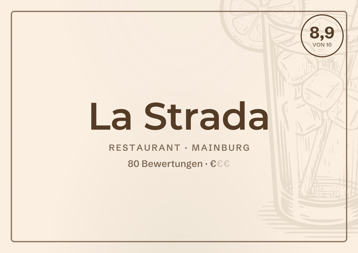 Illustriertes Poster von La Strada, Restaurant in Mainburg: Bewertung 8,9 von 10 aus 80 Bewertungen, Preisniveau €