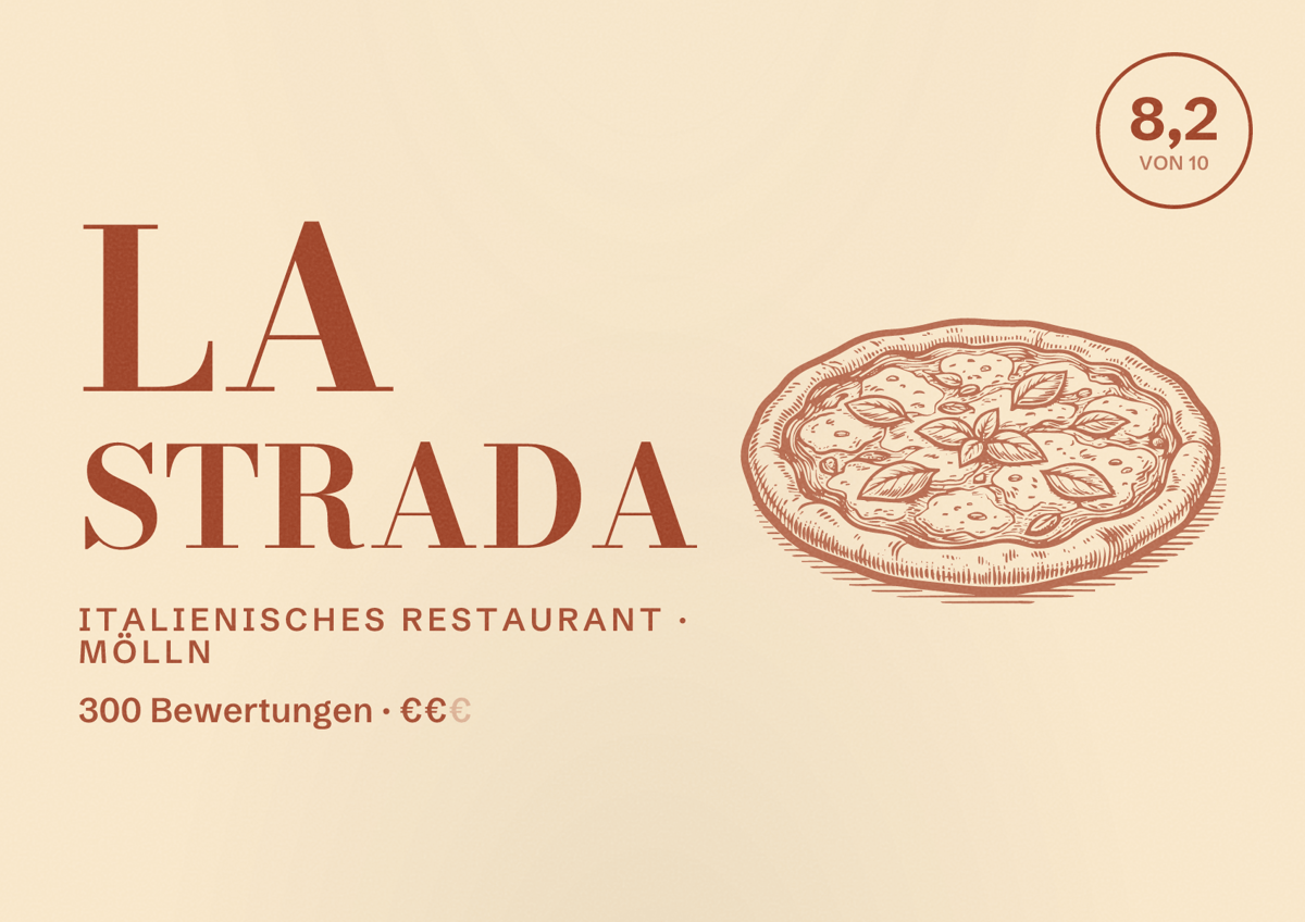 Illustriertes Poster von La Strada, Italienisches Restaurant in Mölln: Bewertung 8,2 von 10 aus 300 Bewertungen, Preisniveau €€
