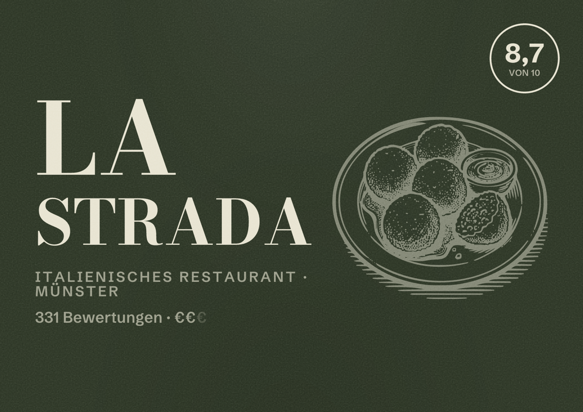Illustriertes Poster von La Strada, Italienisches Restaurant in Münster: Bewertung 8,7 von 10 aus 331 Bewertungen, Preisniveau €€