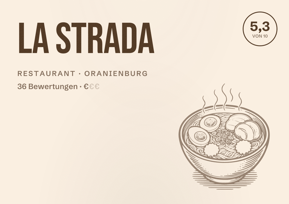 Illustriertes Poster von La Strada, Restaurant in Oranienburg: Bewertung 5,3 von 10 aus 36 Bewertungen, Preisniveau €