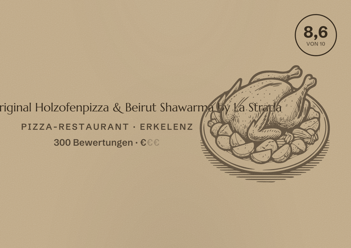 Illustriertes Poster von La Strada Original Holzofenpizza & Beirut Shawarma by La Strada, Pizza-Restaurant in Erkelenz: Bewertung 8,6 von 10 aus 300 Bewertungen, Preisniveau €