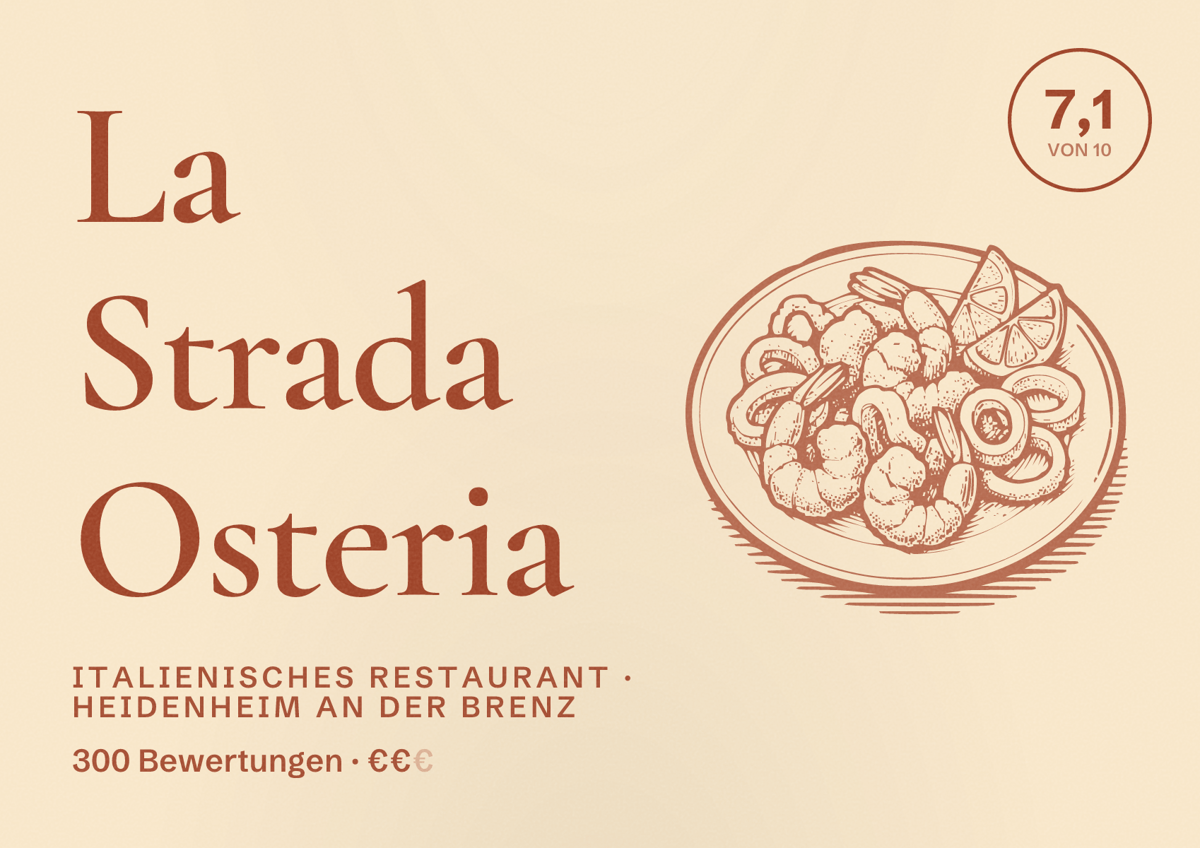 Illustriertes Poster von La Strada Osteria, Italienisches Restaurant in Heidenheim an der Brenz: Bewertung 7,1 von 10 aus 300 Bewertungen, Preisniveau €€