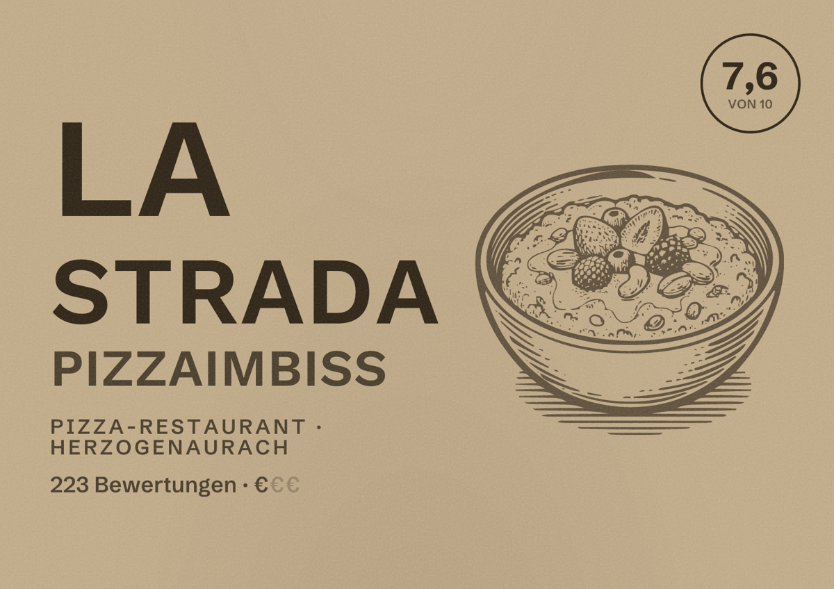 Illustriertes Poster von La Strada Pizzaimbiss, Pizza-Restaurant in Herzogenaurach: Bewertung 7,6 von 10 aus 223 Bewertungen, Preisniveau €