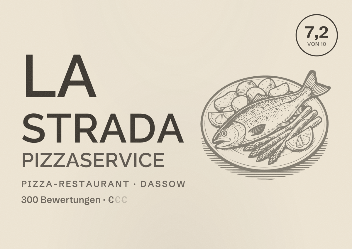 Illustriertes Poster von La Strada Pizzaservice, Pizza-Restaurant in Dassow: Bewertung 7,2 von 10 aus 300 Bewertungen, Preisniveau €