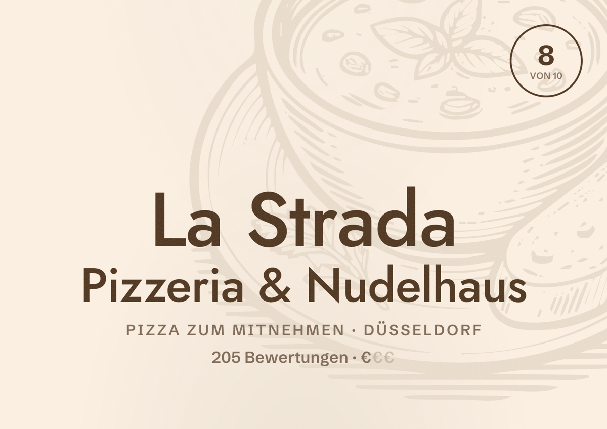 Illustriertes Poster von La Strada Pizzeria & Nudelhaus, Pizza zum Mitnehmen in Düsseldorf: Bewertung 8 von 10 aus 205 Bewertungen, Preisniveau €