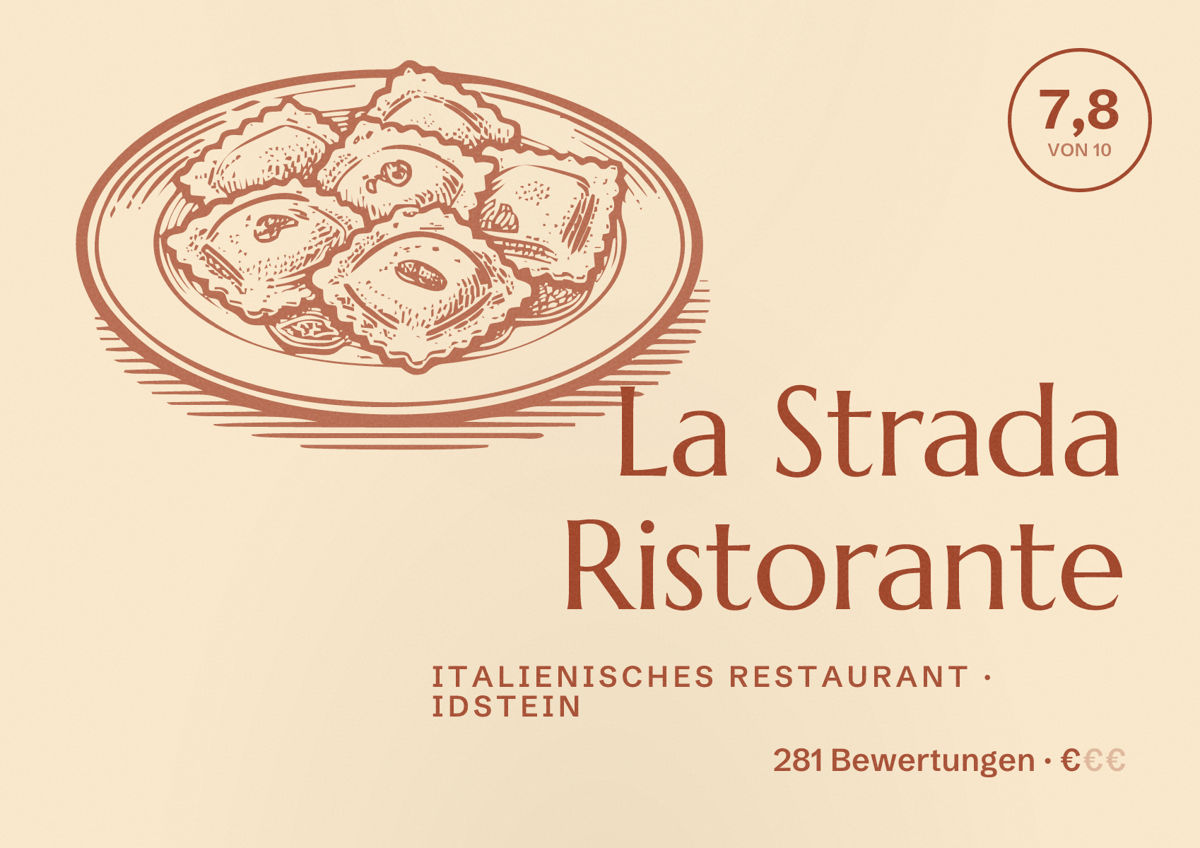 Illustriertes Poster von La Strada Ristorante, Italienisches Restaurant in Idstein: Bewertung 7,8 von 10 aus 281 Bewertungen, Preisniveau €