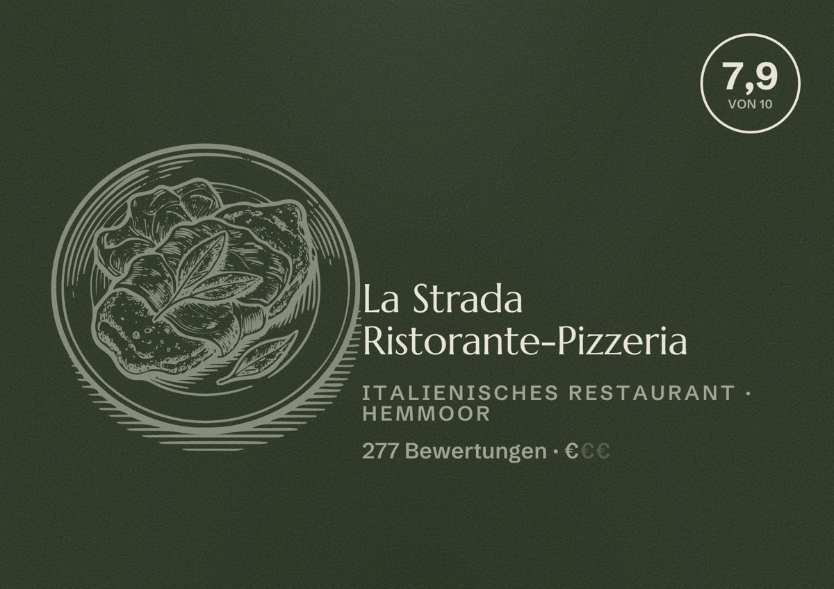 Illustriertes Poster von La Strada Ristorante-Pizzeria, Italienisches Restaurant in Hemmoor: Bewertung 7,9 von 10 aus 277 Bewertungen, Preisniveau €