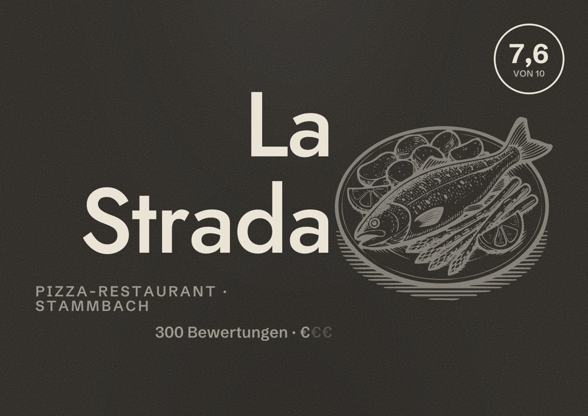 Illustriertes Poster von La Strada, Pizza-Restaurant in Stammbach: Bewertung 7,6 von 10 aus 300 Bewertungen, Preisniveau €