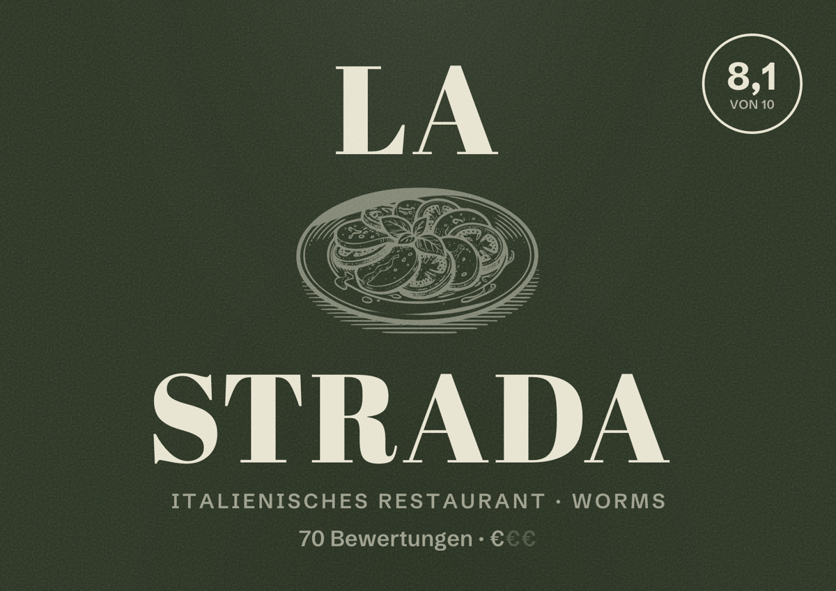 Illustriertes Poster von La Strada, Italienisches Restaurant in Worms: Bewertung 8,1 von 10 aus 70 Bewertungen, Preisniveau €