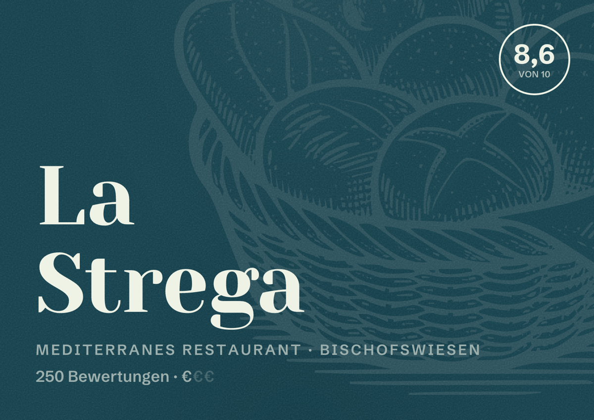 Illustriertes Poster von La Strega, Mediterranes Restaurant in Bischofswiesen: Bewertung 8,6 von 10 aus 250 Bewertungen, Preisniveau €