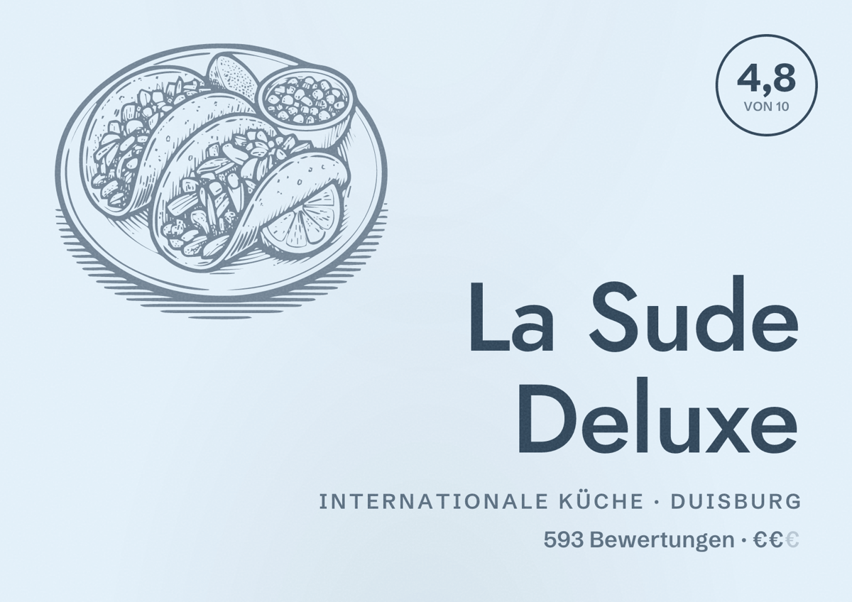 Illustriertes Poster von La Sude Deluxe, Internationale Küche in Duisburg: Bewertung 4,8 von 10 aus 593 Bewertungen, Preisniveau €€