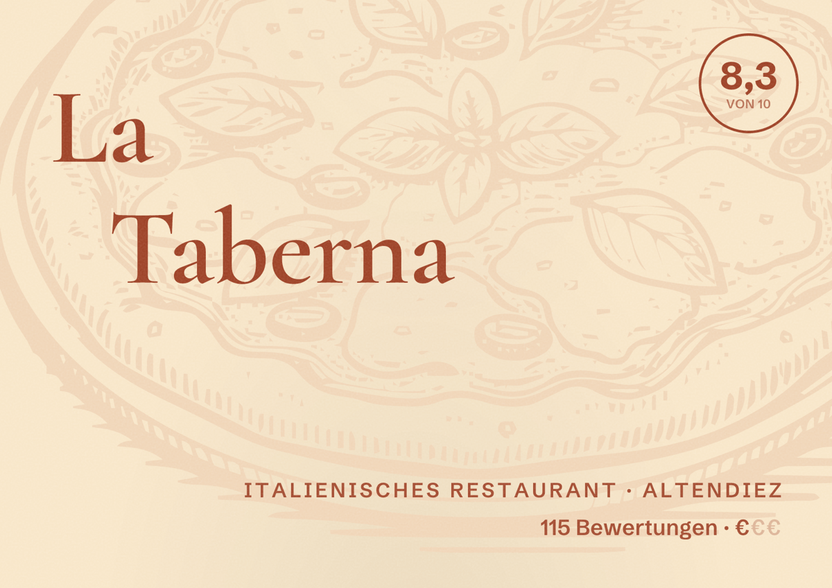 Illustriertes Poster von La Taberna, Italienisches Restaurant in Altendiez: Bewertung 8,3 von 10 aus 115 Bewertungen, Preisniveau €