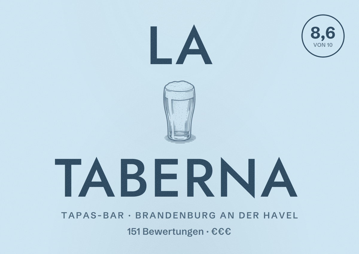 Illustriertes Poster von La Taberna, Tapas-Bar in Brandenburg an der Havel: Bewertung 8,6 von 10 aus 151 Bewertungen, Preisniveau €€€