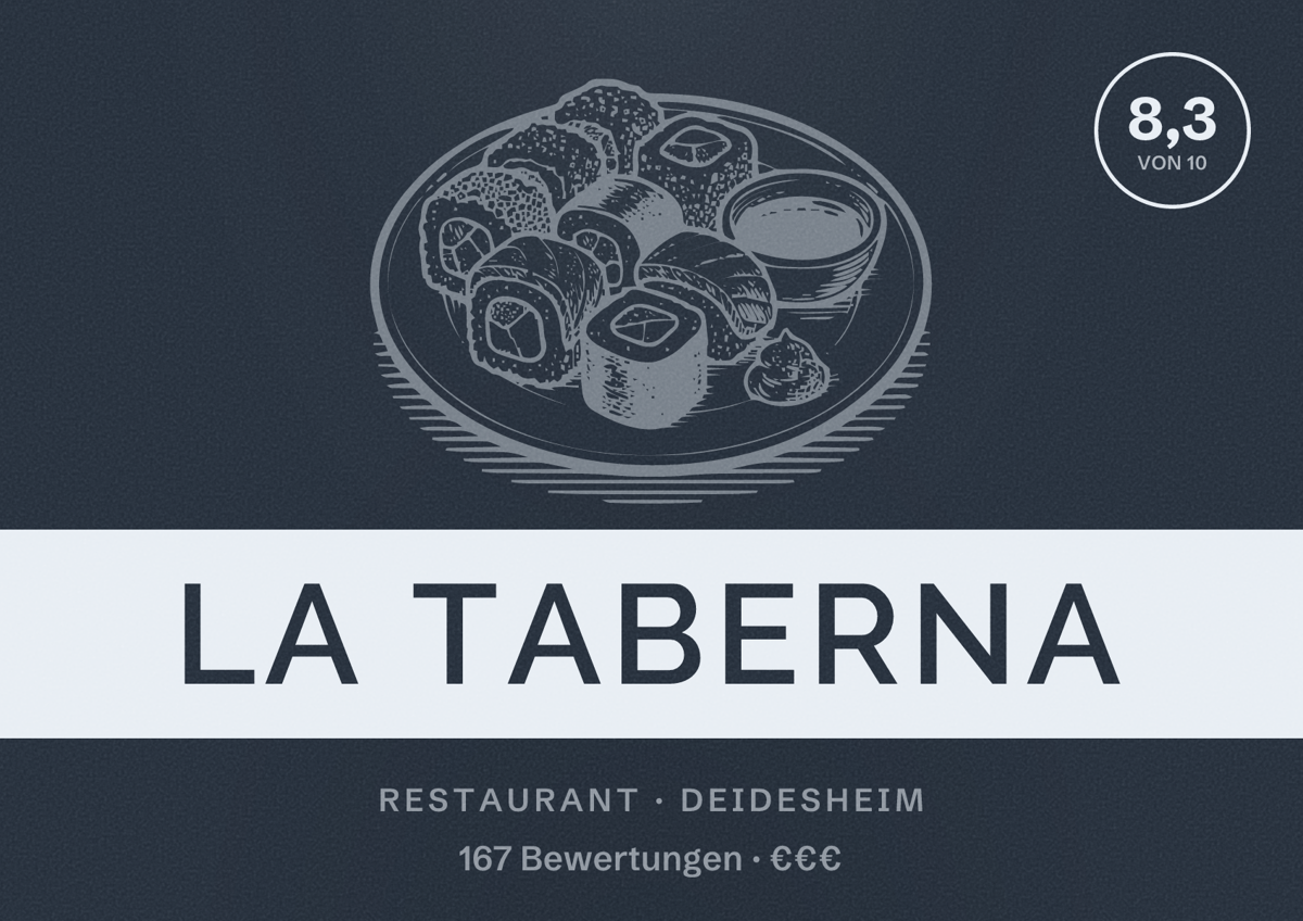 Illustriertes Poster von La Taberna, Restaurant in Deidesheim: Bewertung 8,3 von 10 aus 167 Bewertungen, Preisniveau €€€