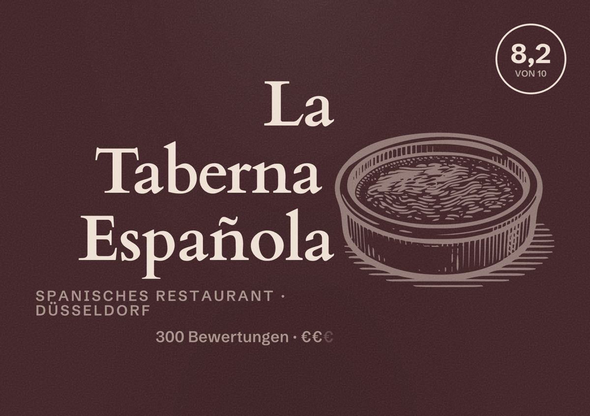 Illustriertes Poster von La Taberna Española, Spanisches Restaurant in Düsseldorf: Bewertung 8,2 von 10 aus 300 Bewertungen, Preisniveau €€