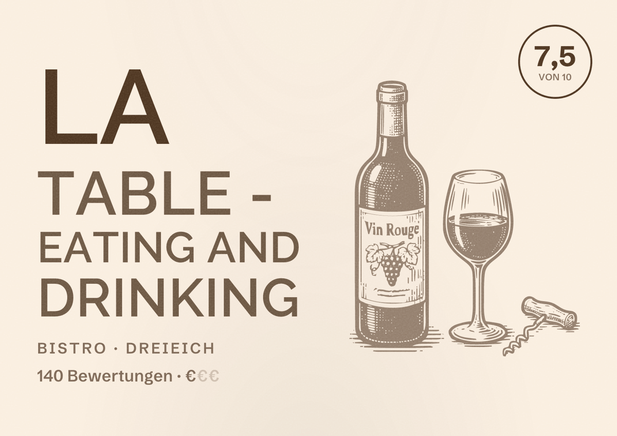 Illustriertes Poster von La Table - Eating and Drinking, Bistro in Dreieich: Bewertung 7,5 von 10 aus 140 Bewertungen, Preisniveau €