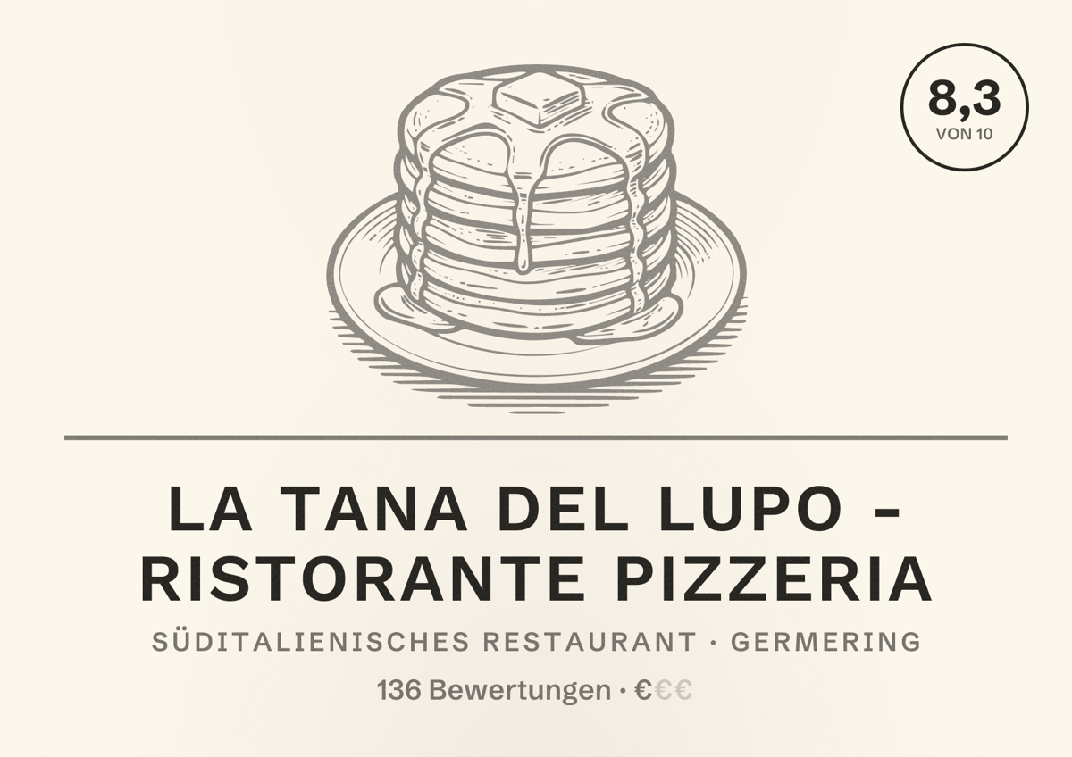 Illustriertes Poster von La Tana del Lupo - Ristorante Pizzeria, Süditalienisches Restaurant in Germering: Bewertung 8,3 von 10 aus 136 Bewertungen, Preisniveau €