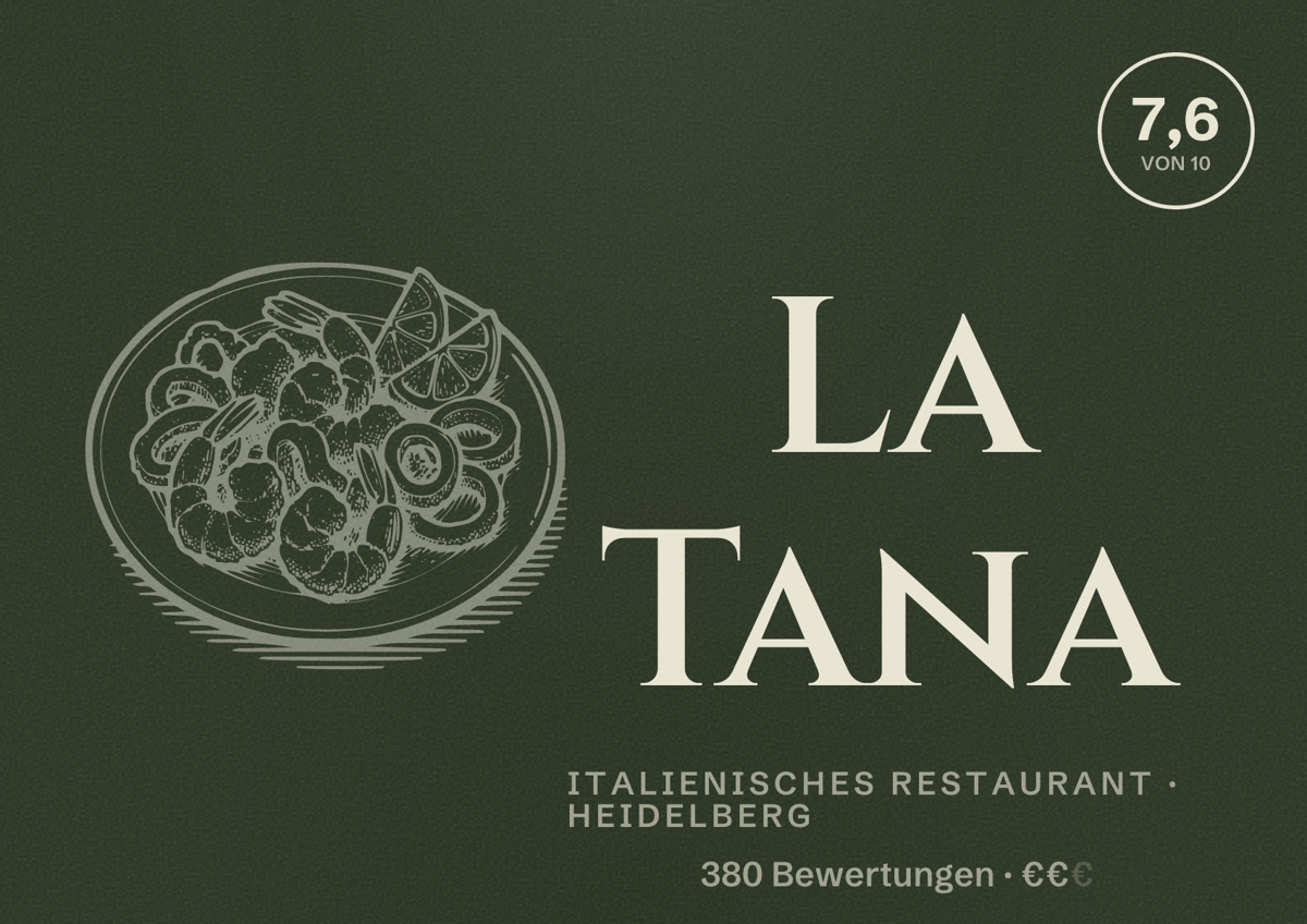 Illustriertes Poster von La Tana, Italienisches Restaurant in Heidelberg: Bewertung 7,6 von 10 aus 380 Bewertungen, Preisniveau €€