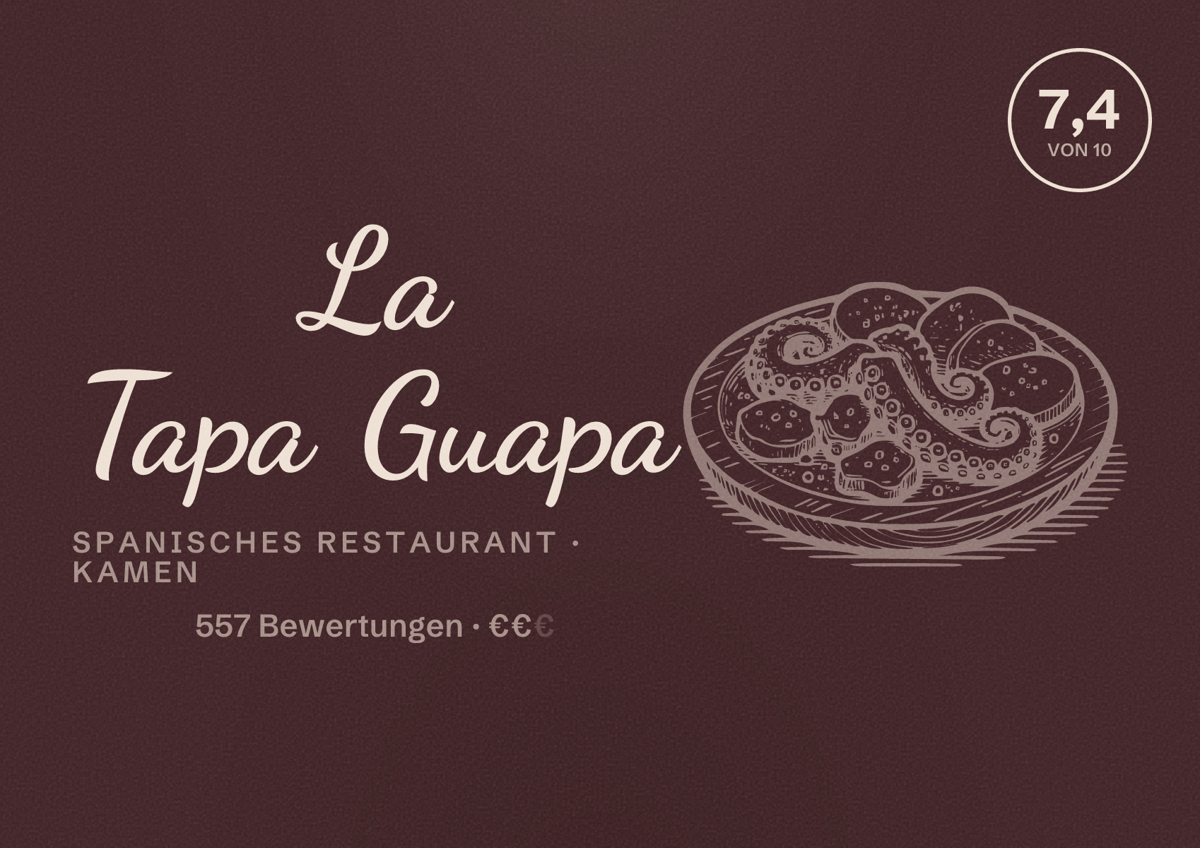 Illustriertes Poster von La Tapa Guapa, Spanisches Restaurant in Kamen: Bewertung 7,4 von 10 aus 557 Bewertungen, Preisniveau €€