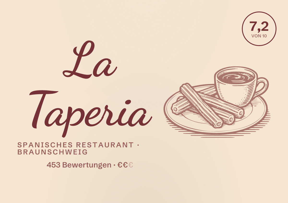 Illustriertes Poster von La Taperia, Spanisches Restaurant in Braunschweig: Bewertung 7,2 von 10 aus 453 Bewertungen, Preisniveau €€
