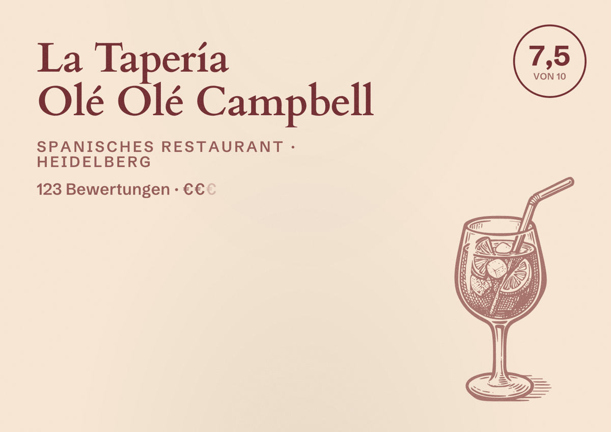 Illustriertes Poster von La Tapería Olé Olé Campbell, Spanisches Restaurant in Heidelberg: Bewertung 7,5 von 10 aus 123 Bewertungen, Preisniveau €€