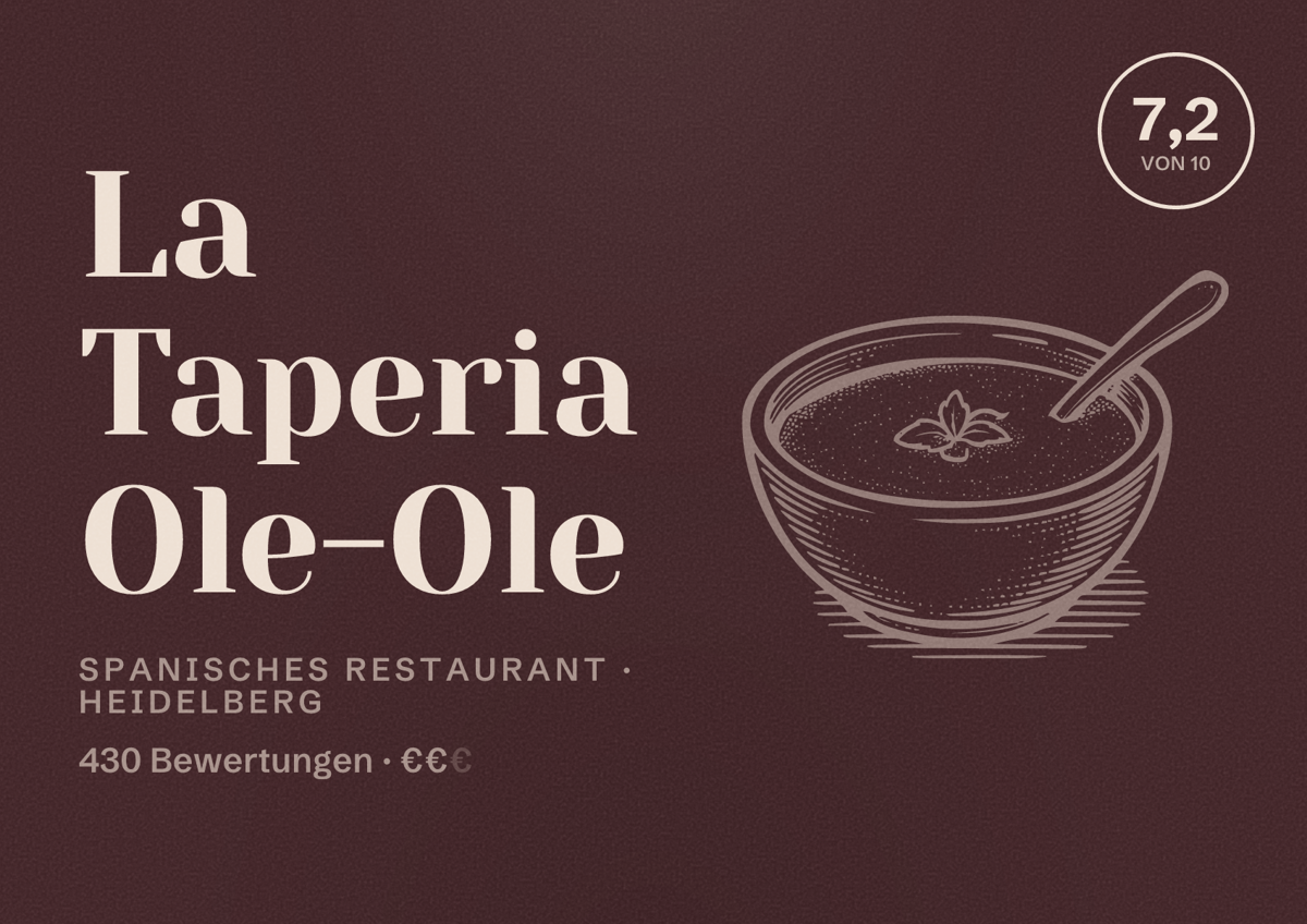 Illustriertes Poster von La Taperia Ole-Ole, Spanisches Restaurant in Heidelberg: Bewertung 7,2 von 10 aus 430 Bewertungen, Preisniveau €€