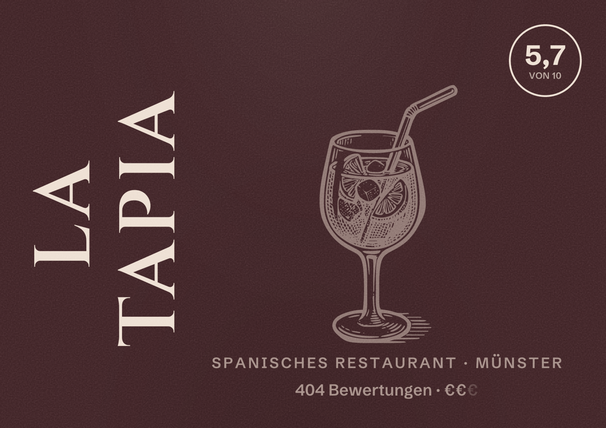 Illustriertes Poster von la tapia, Spanisches Restaurant in Münster: Bewertung 5,7 von 10 aus 404 Bewertungen, Preisniveau €€
