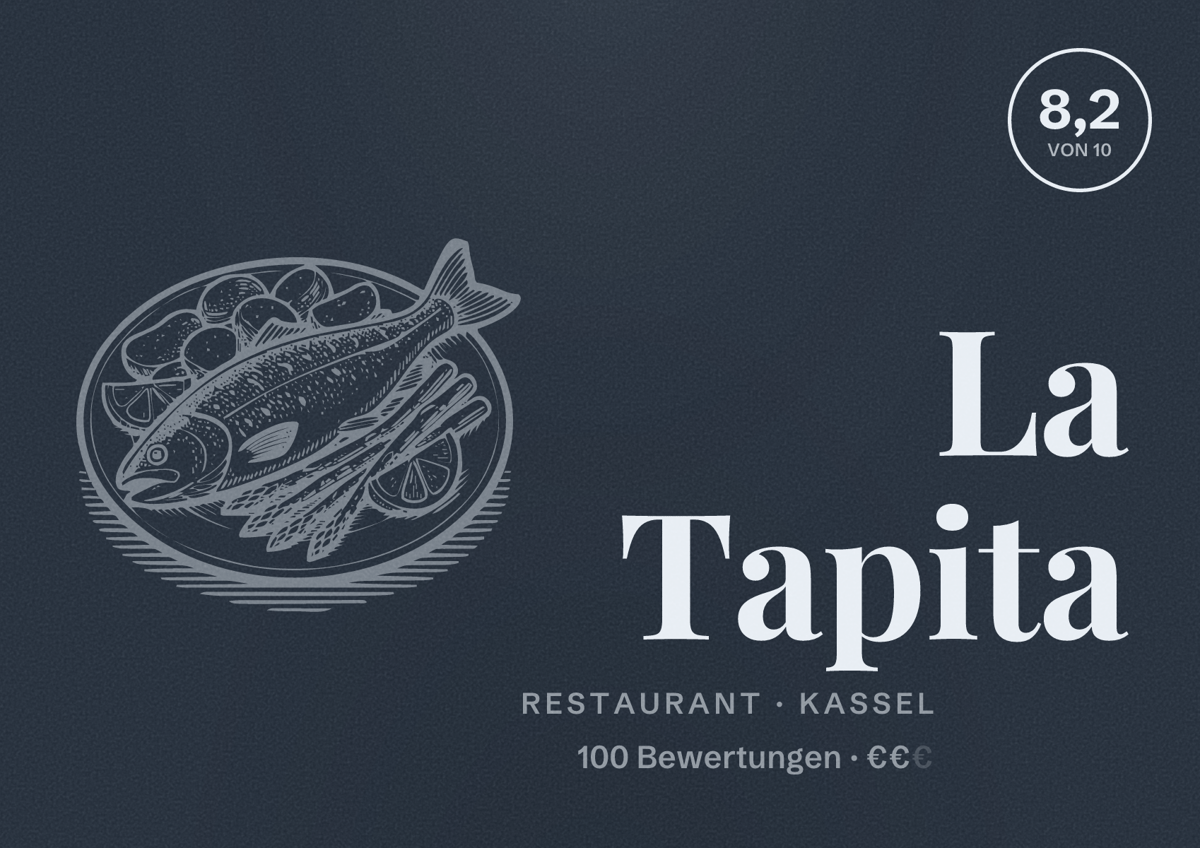 Illustriertes Poster von La Tapita, Restaurant in Kassel: Bewertung 8,2 von 10 aus 100 Bewertungen, Preisniveau €€