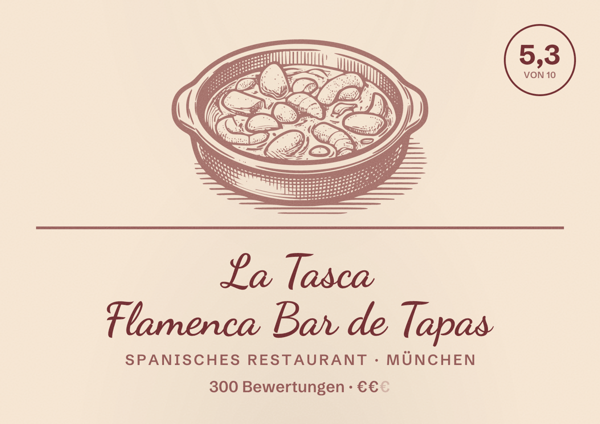 Illustriertes Poster von La Tasca Flamenca Bar de Tapas, Spanisches Restaurant in München: Bewertung 5,3 von 10 aus 300 Bewertungen, Preisniveau €€