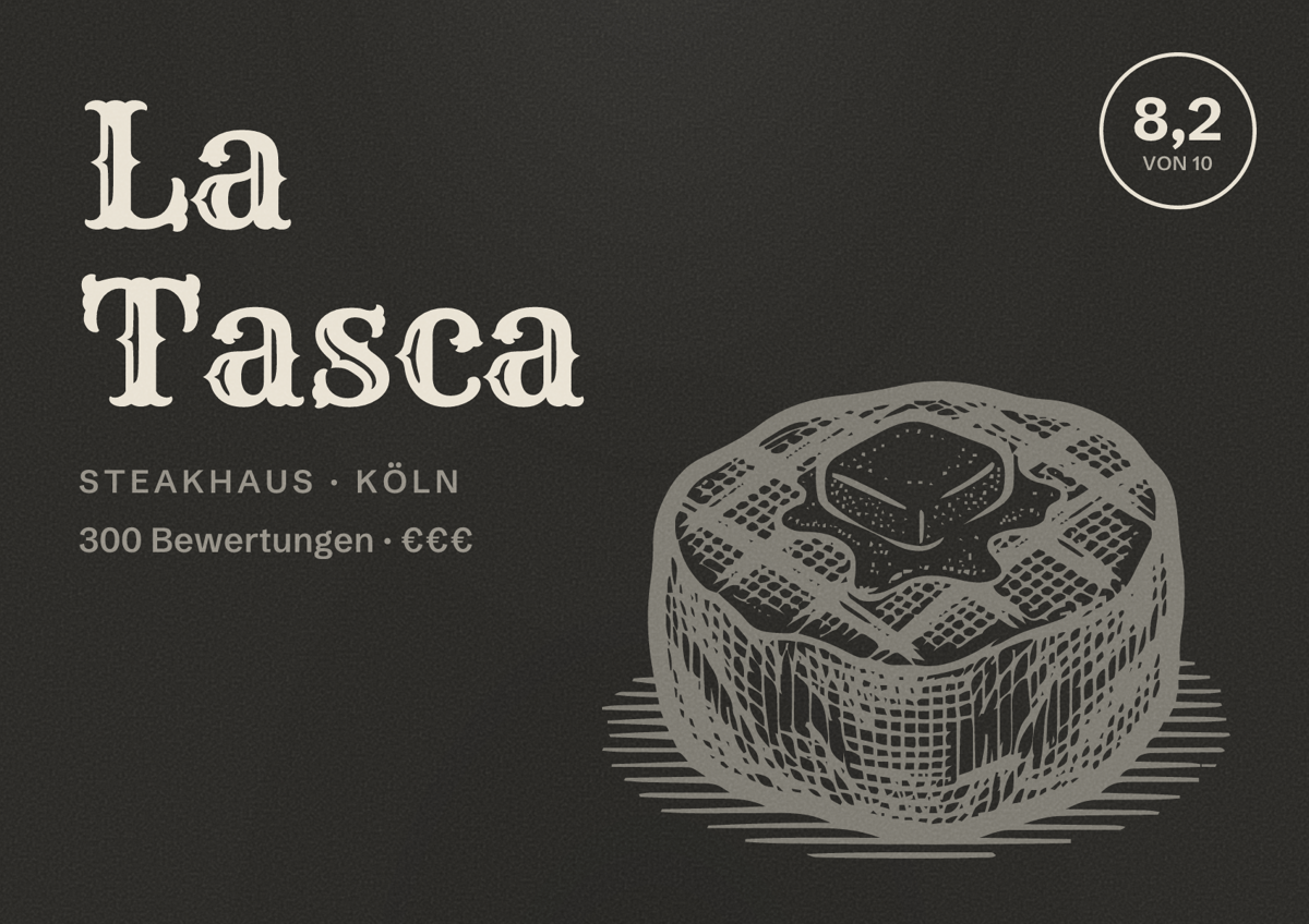 Illustriertes Poster von La Tasca, Steakhaus in Köln: Bewertung 8,2 von 10 aus 300 Bewertungen, Preisniveau €€€