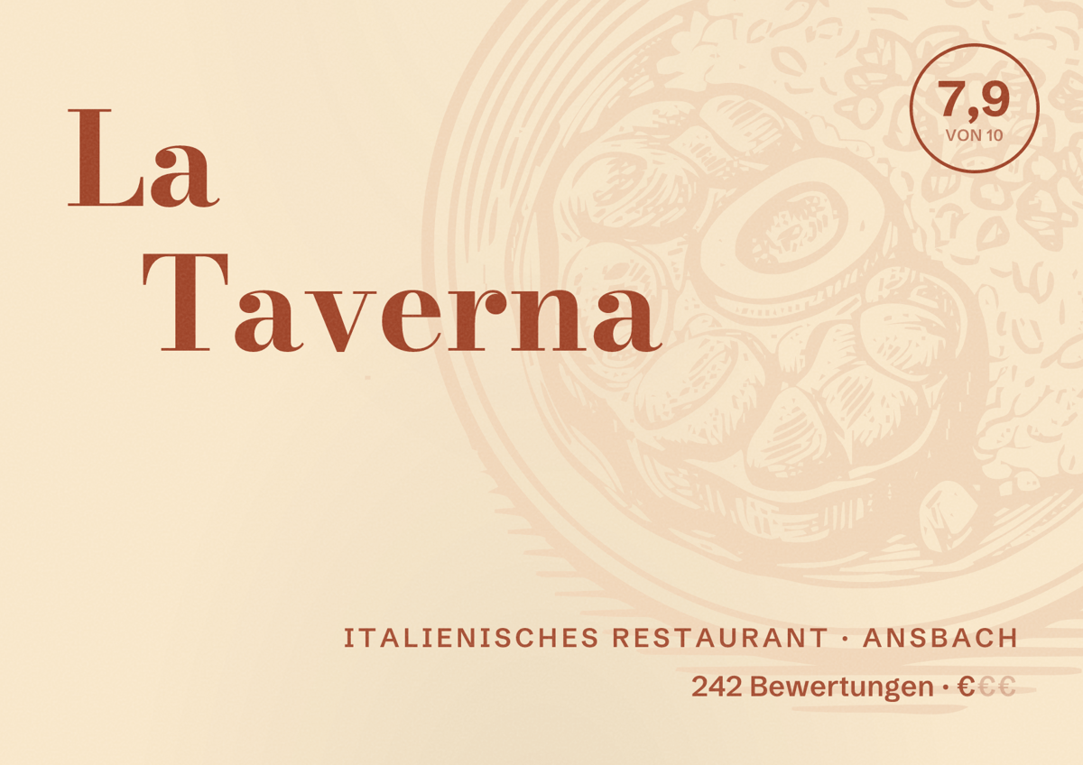 Illustriertes Poster von La Taverna, Italienisches Restaurant in Ansbach: Bewertung 7,9 von 10 aus 242 Bewertungen, Preisniveau €
