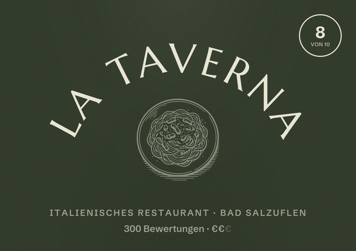Illustriertes Poster von La Taverna, Italienisches Restaurant in Bad Salzuflen: Bewertung 8 von 10 aus 300 Bewertungen, Preisniveau €€