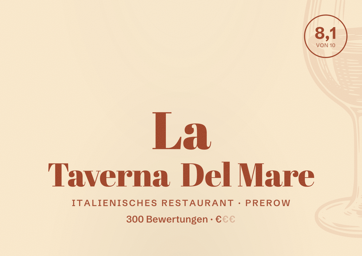 Illustriertes Poster von La Taverna Del Mare, Italienisches Restaurant in Prerow: Bewertung 8,1 von 10 aus 300 Bewertungen, Preisniveau €