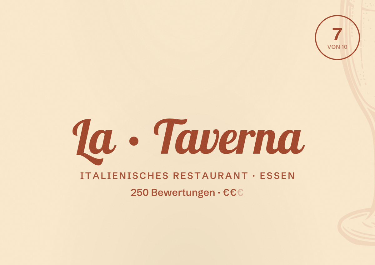 Illustriertes Poster von La Taverna, Italienisches Restaurant in Essen: Bewertung 7 von 10 aus 250 Bewertungen, Preisniveau €€