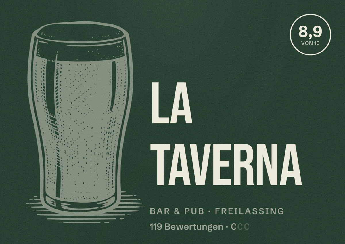 Illustriertes Poster von La Taverna, Bar & Pub in Freilassing: Bewertung 8,9 von 10 aus 119 Bewertungen, Preisniveau €