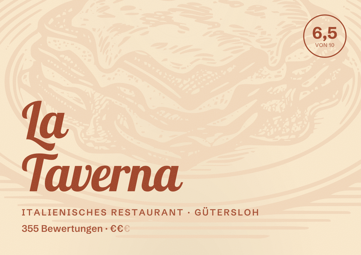 Illustriertes Poster von La Taverna, Italienisches Restaurant in Gütersloh: Bewertung 6,5 von 10 aus 355 Bewertungen, Preisniveau €€