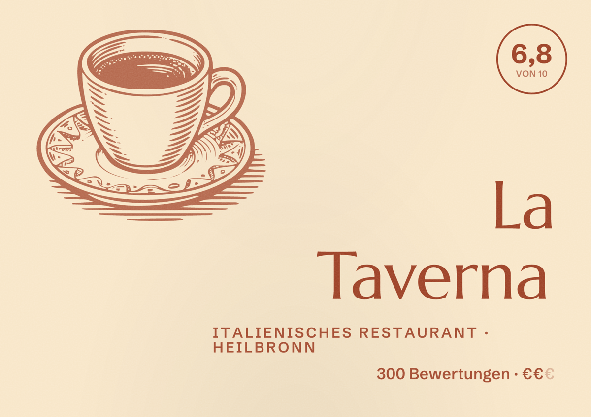 Illustriertes Poster von La Taverna, Italienisches Restaurant in Heilbronn: Bewertung 6,8 von 10 aus 300 Bewertungen, Preisniveau €€