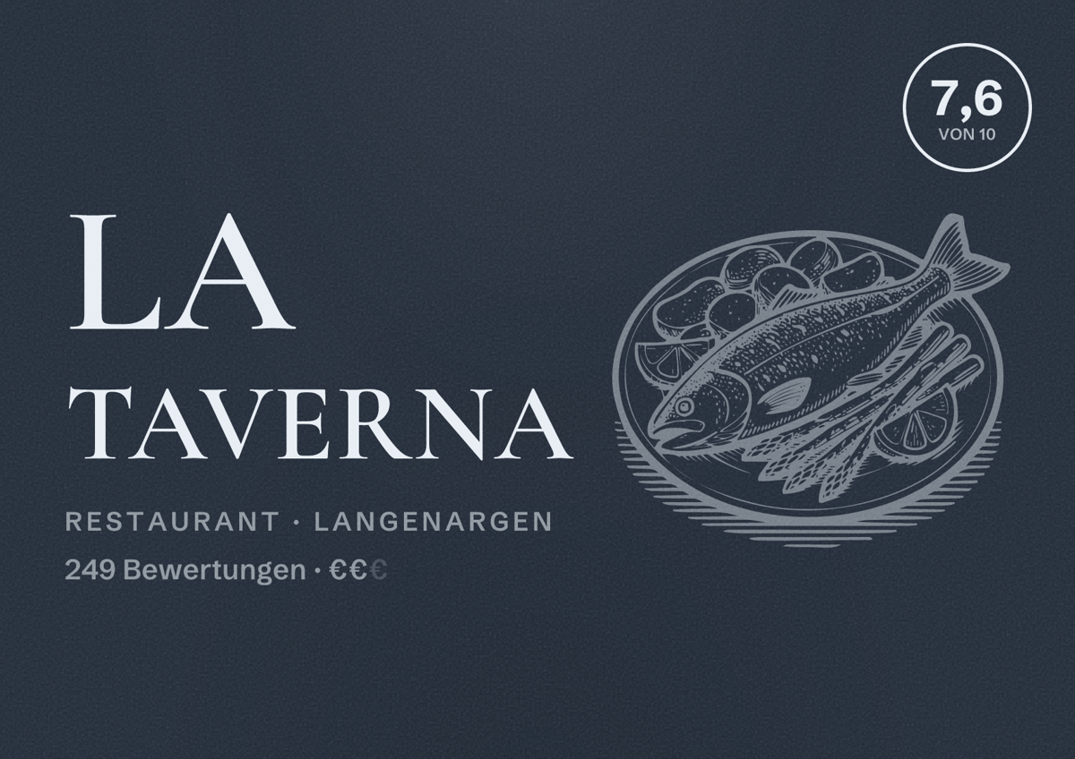 Illustriertes Poster von La Taverna, Restaurant in Langenargen: Bewertung 7,6 von 10 aus 249 Bewertungen, Preisniveau €€