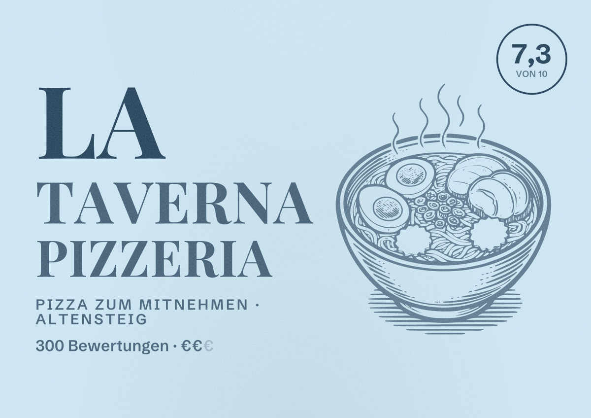 Illustriertes Poster von La Taverna Pizzeria, Pizza zum Mitnehmen in Altensteig: Bewertung 7,3 von 10 aus 300 Bewertungen, Preisniveau €€