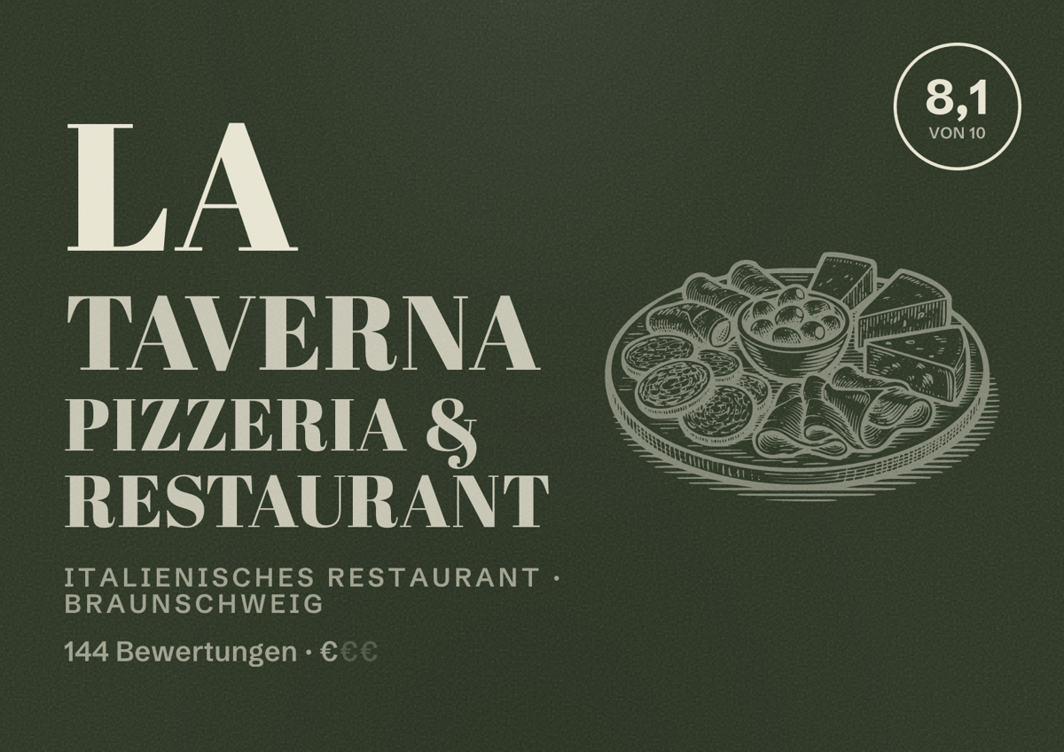 Illustriertes Poster von La Taverna Pizzeria & Restaurant, Italienisches Restaurant in Braunschweig: Bewertung 8,1 von 10 aus 144 Bewertungen, Preisniveau €