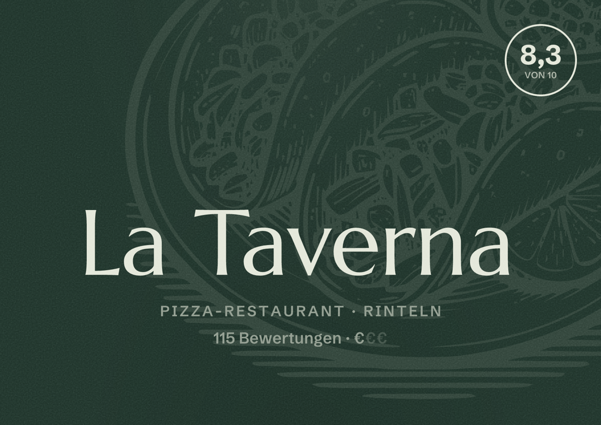 Illustriertes Poster von La Taverna, Pizza-Restaurant in Rinteln: Bewertung 8,3 von 10 aus 115 Bewertungen, Preisniveau €