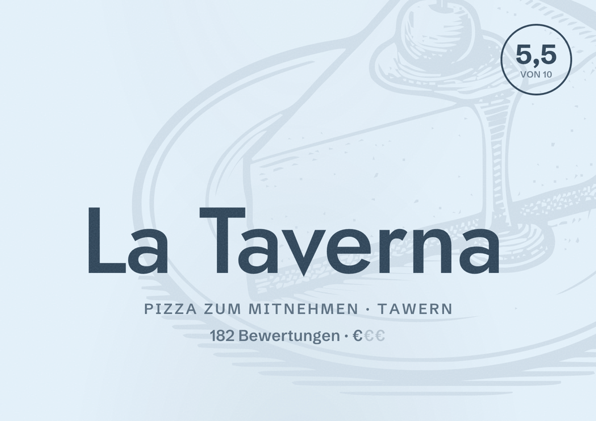 Illustriertes Poster von La Taverna, Pizza zum Mitnehmen in Tawern: Bewertung 5,5 von 10 aus 182 Bewertungen, Preisniveau €