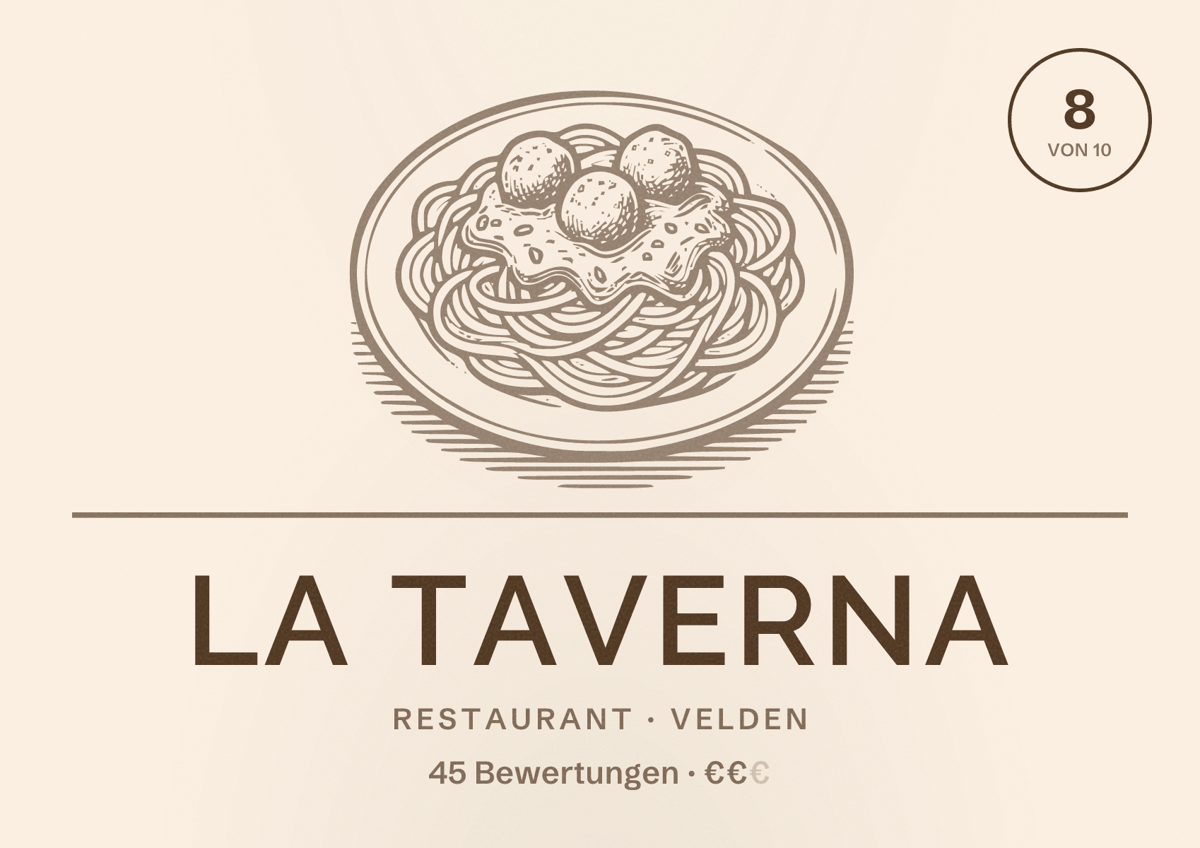 Illustriertes Poster von La Taverna, Restaurant in Velden: Bewertung 8 von 10 aus 45 Bewertungen, Preisniveau €€